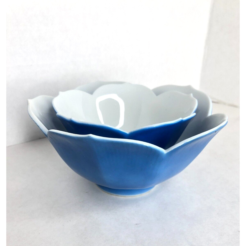 Vintage Set of 2 Blue Lotus Porcelain Rice Nesting Bowls Japan fingertip MCM